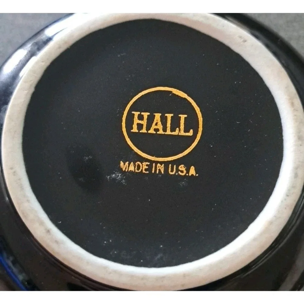Vtg Hall China New York 2 Cup Teapot Deep‎ Navy Blue Gold Trim Made USA